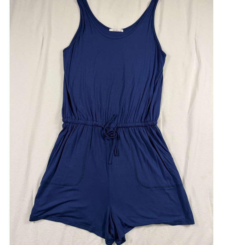 REORIA Navy Blue Sleeveless Drawstring Waist Romper with Pockets Large